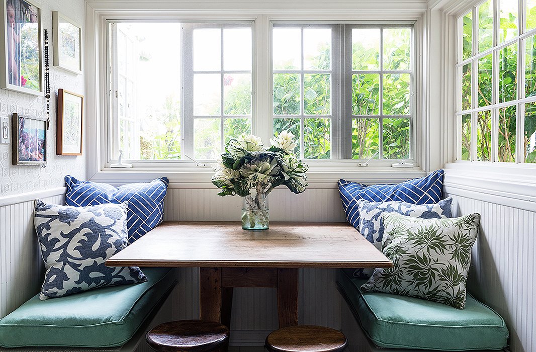 The kitchen nook is made extra comfy with Lulu’s own pillows.
