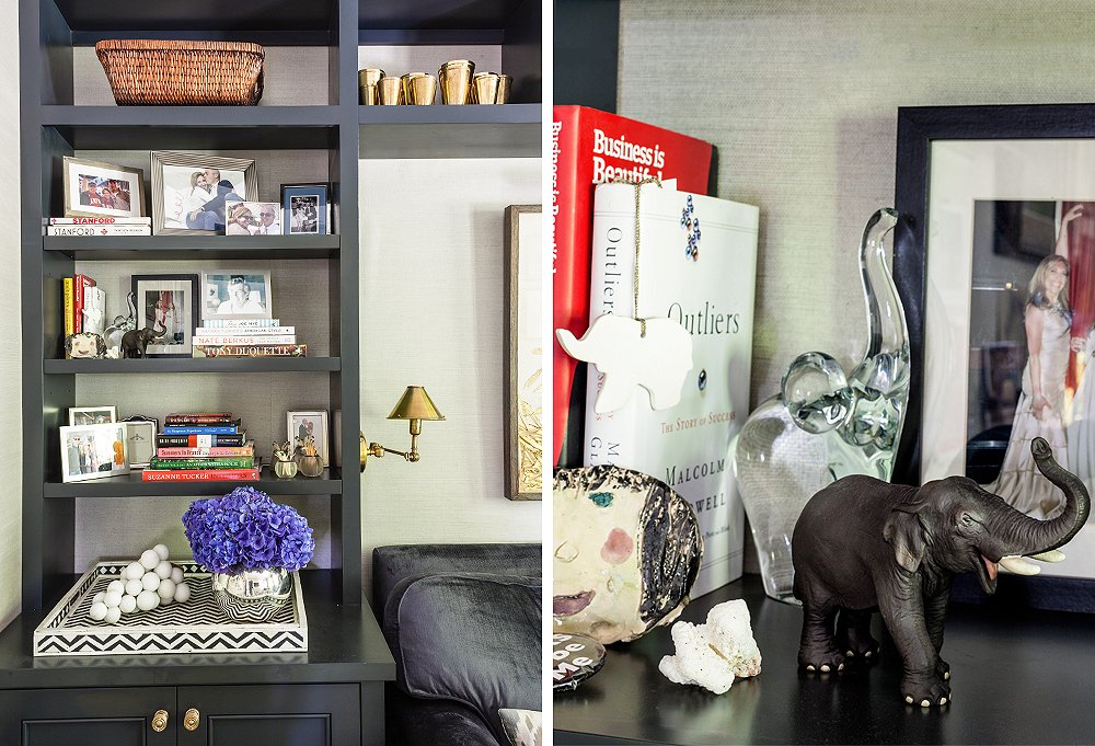 When it comes to styling your shelves, stack books for height; play with shape, scale, and texture; and group like items together (as Susan has done with her “herd” of elephants, a collection inspired by OKL’s logo).
