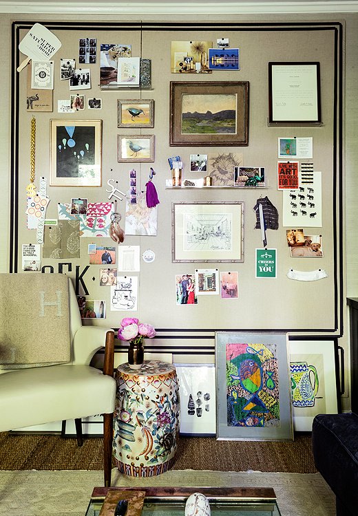 A few of Susan’s favorite things hang out on her new inspiration board—a linen-wrapped composite Homasote board. Propped against the wall below it is a revolving “gallery” of art, an effortlessly cool display for rooms short on wall space.
