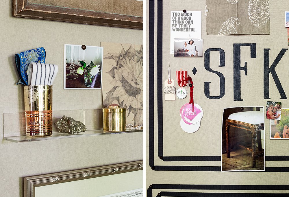 The most visually compelling mood boards live by these words: variety, dimension, and personality. Susan’s board incorporates a mishmash of photos, fabric, and found items, Lucite shelves for a 3-D effect, and her initials painted monogram-style.

