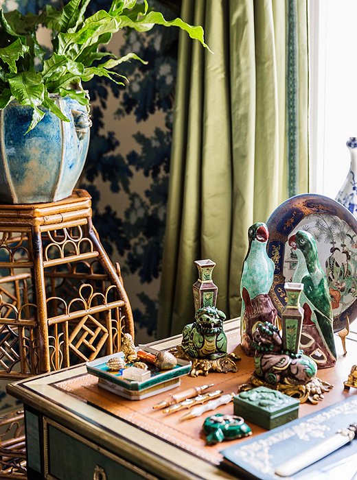 A vignette on Alex’s desk unites two of his collecting passions: animal motifs and chinoiserie. He’s also a big proponent of indoor plants. “It’s important to have living things in the house other than the people.”
