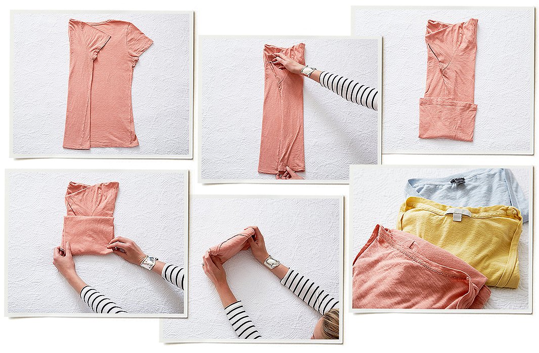 Here’s the basic KonMari vertical fold, which can be applied to everything from T-shirts to stockings. First, make a long rectangle, and then fold from the bottom up into a little package.
