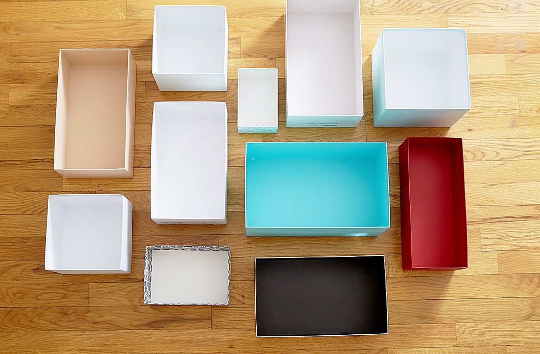 While she doesn’t go for the classic storage pieces, Kondo loves a good shoebox (or any pretty box you have tucked away) for its all-purpose organizing power.
