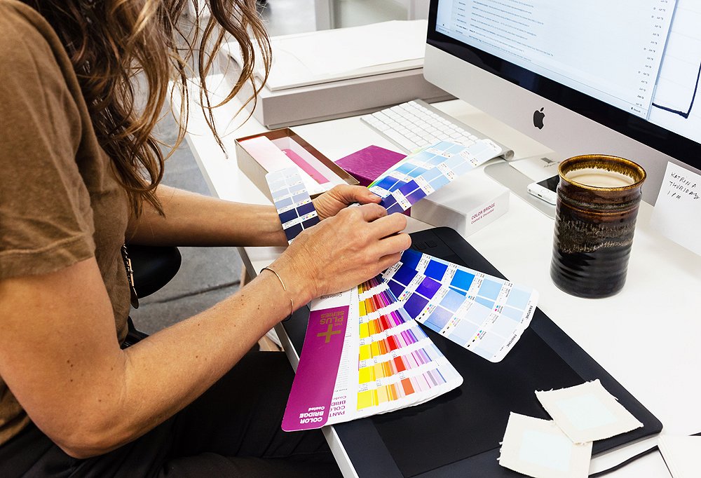 The Pantone book is called in whenever color decisions need to be made.
