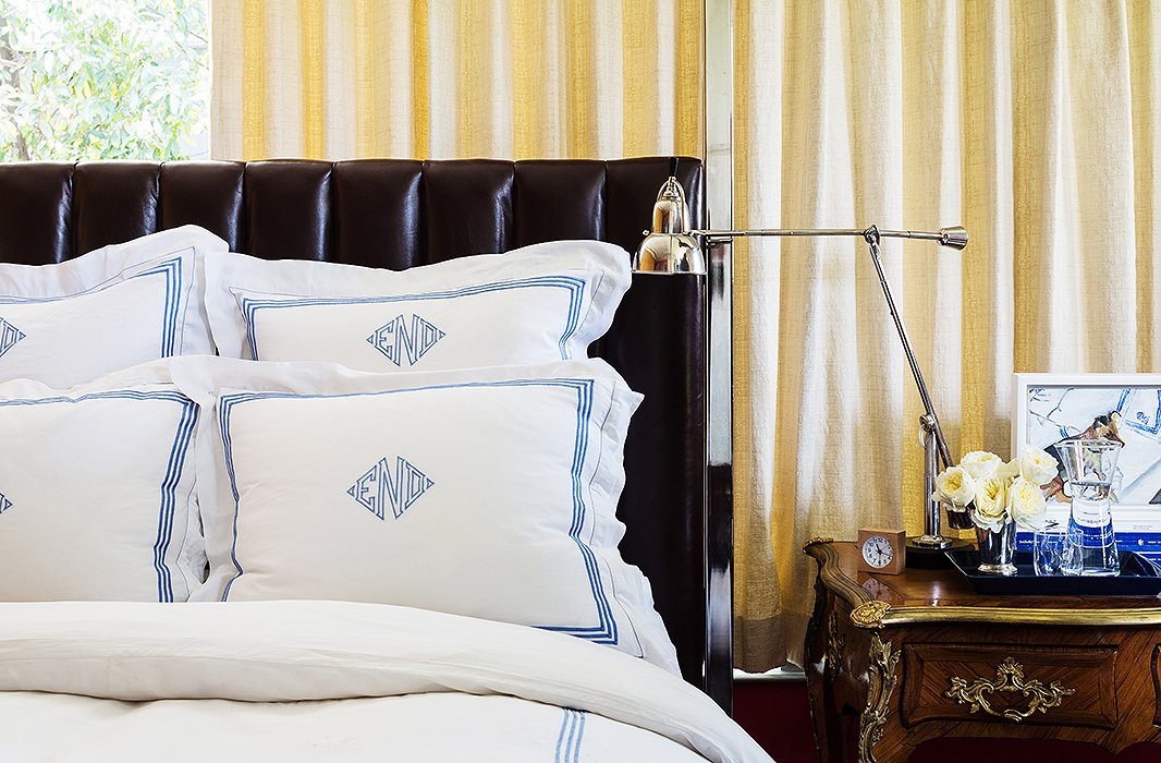 Classic details found in the master bedroom include the reupholstered Ralph Lauren Home headboard and David’s Louis XV desk (“It came from my parents’ apartment in New York; I grew up with that”), where he’s been working on a book about the French decorator François Catroux.
