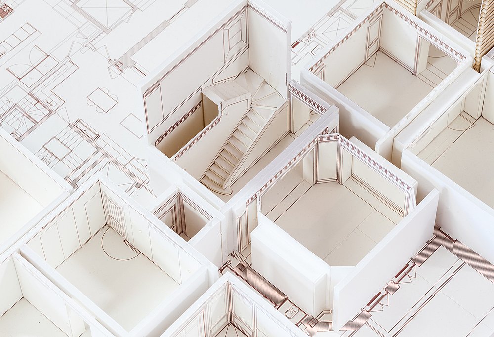 A model of one of Smith’s design projects that includes every last detail of the space, including to-scale renderings of the type of molding he planned to use in each room.
