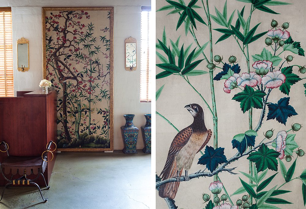 The office entryway is lined with a set of five European painted wallpaper panels purchased at Christie’s.
