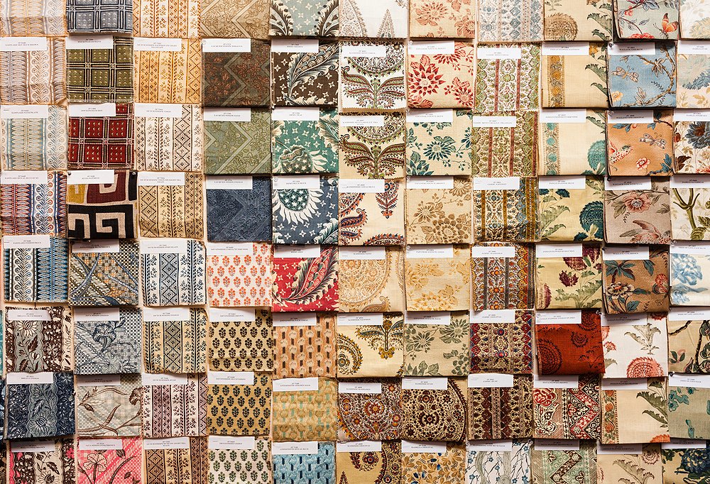 A wall of swatches from Smith’s Jasper line of fabrics.
