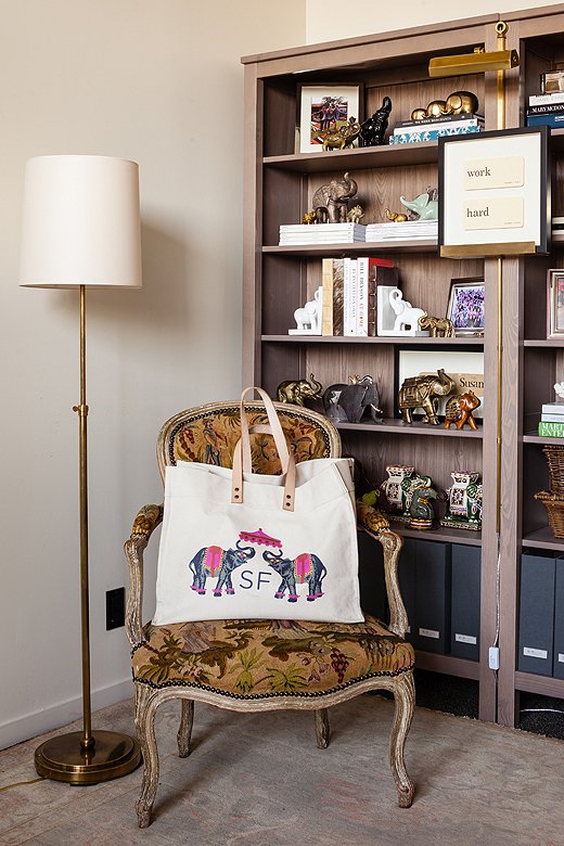 On the chair that inspired Susan’s design scheme is a bag gifted to her by the brand iomoi, featuring elephants and her initials.
