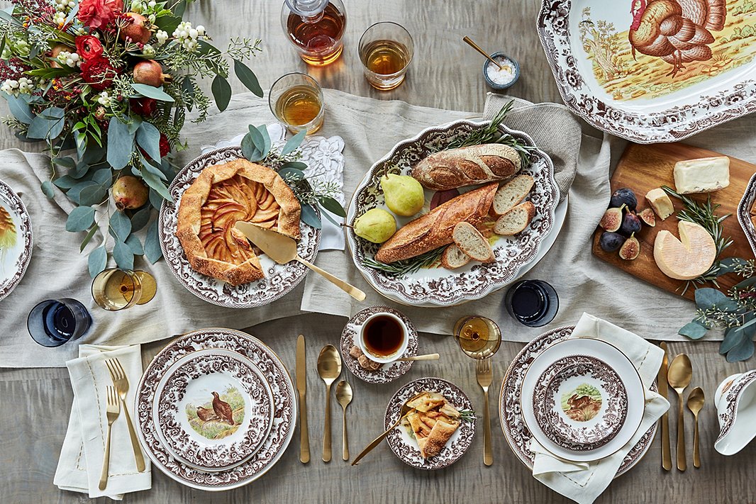 Spode’s Woodland collection has been a Thanksgiving classic for more than 20 years. Pair it with a linen runner and simple serveware for a charmingly elegant tablescape.


