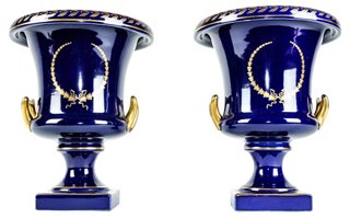 Cobalt & Gold Porcelain Urns, Pair