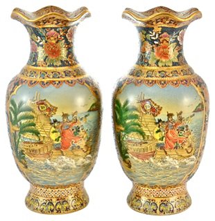 Aqua & Gold Chinoiserie Vases, Pair