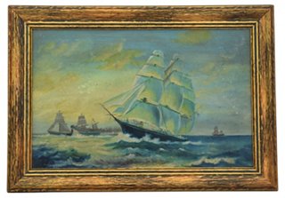 1940s Sailing Ship Oil Painting Mike Seratt Top Vintage