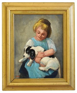 Mike Seratt Of The Prized Pig Young Girl W Puppy Oil Painting